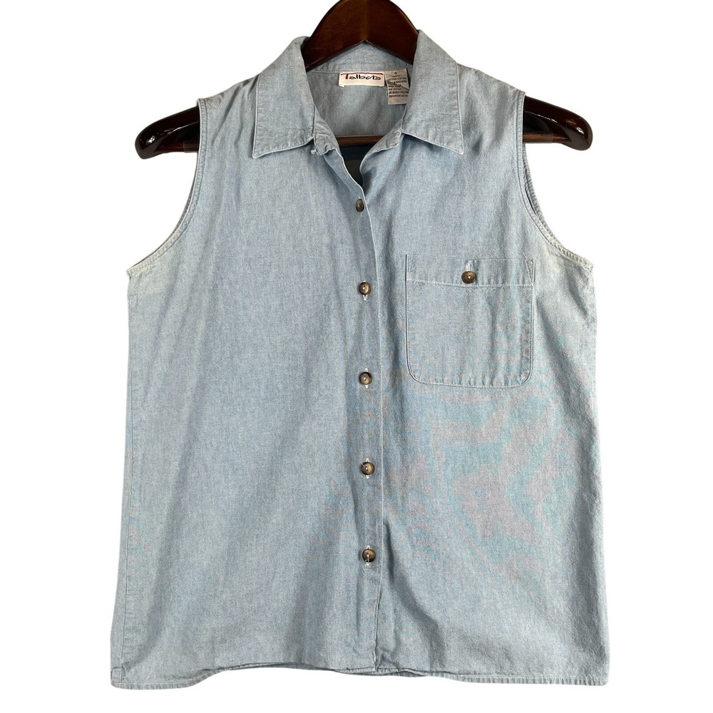 VTG Talbots Womens S Chambray Sleeveless Button Front Shirt Cotton Blue Classic